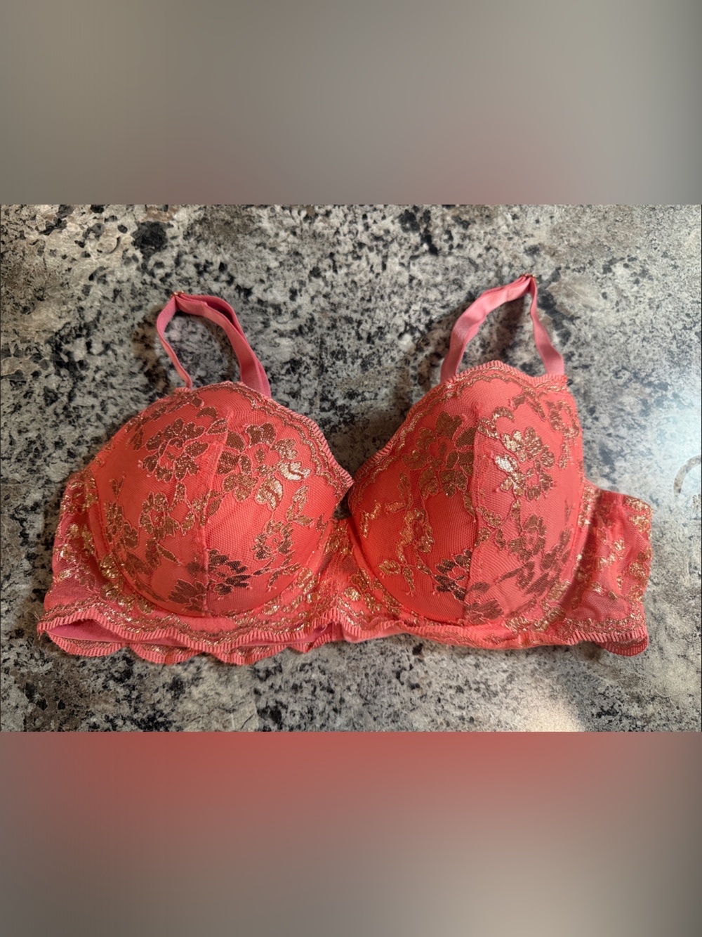 Victoria's Secret Coral Pink Lace Bra with Gold Floral Detail